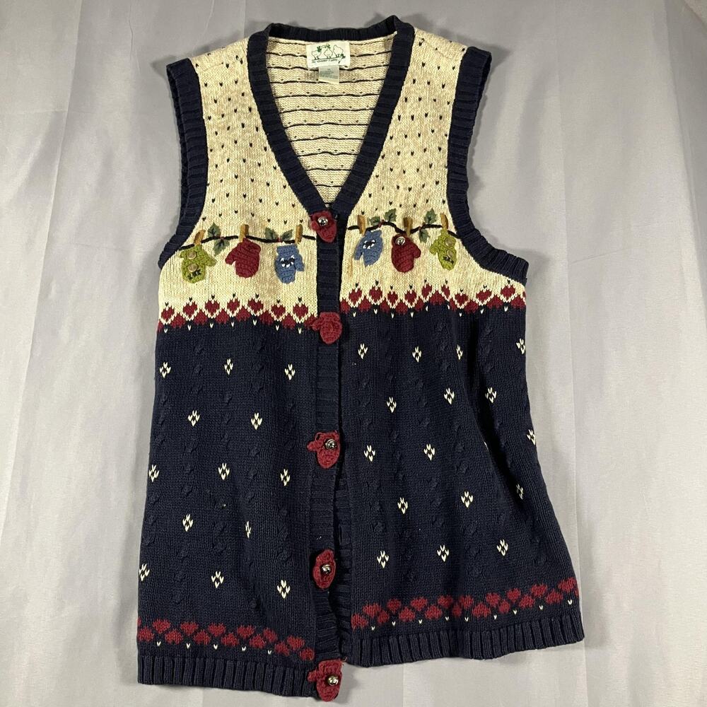 Quacker Factory Sweater Vest Womens 1X Navy Holiday‎ Mittens Button Front Knit